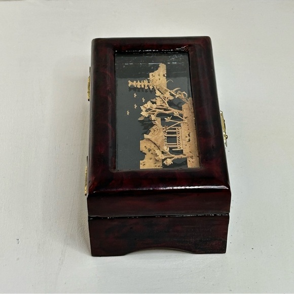 Oriental Hand Carved Pagoda Diorama Cork Art Wooden Trinket Jewelry Box Glass - Picture 5 of 9